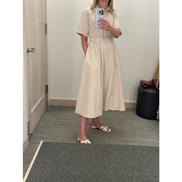 ROSETTA GETTY x RTR Beige Twill Collared Short Sleeve Bone Stitching Dress 0 - Picture 14 of 14